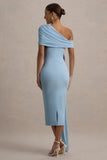 Vallea Powder Blue One-Shoulder Draped Midi Dress