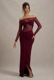 Cover Star Burgundy Mesh Bardot Long-Sleeve Draped Maxi Dress