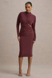 Pandora Burgundy Long-Sleeve Midi Dress With Cut-Out