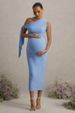 Katarine Powder Blue Asymmetric Knot Maternity Midi Dress