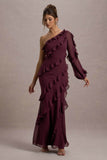 Lalika Burgundy Asymmetric One-Sleeve Ruffle Maxi Dress