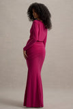 Deanna Hot Pink Asymmetric Long-Sleeve Ruched Maxi Dress