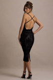 Whitney Black Velvet Floral Strappy Sweetheart Midi Dress