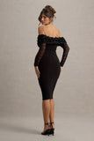 Adita Black Mesh Floral Bardot Maternity Midi Dress