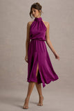Palonia Pink Satin High-Neck Split Midi Dress