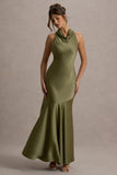 Amelita Khaki Satin Cowl-Neck Maxi Dress