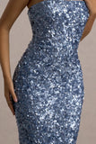 Evabeth Powder Blue Sequin Strapless Maxi Dress