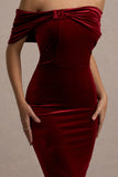 Snowflake Berry Velvet Bardot Bow Detail Midi Dress