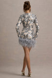 Wynter Silver Sequin Long-Sleeve Feather-Trim Mini Dress