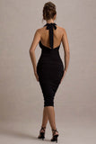 Coda Black Ruched Plunge-Neck Midi Dress