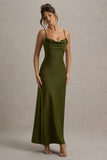 Eimear Olive Green Satin Draped Sweetheart Maxi Dress