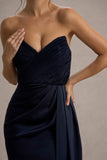 Edel Navy Satin Strapless Maxi Dress With Drape