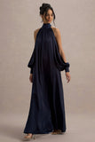 Baila Navy Satin High-Neck Cape-Sleeve Maxi Dress