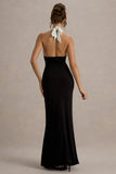 Payton Black & White Ruched Halter-Neck Maxi Dress