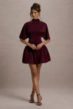 Alva Burgundy High-Neck Short-Sleeve Mini Dress With Volume Skirt