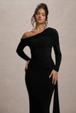 Valina Black Ruched Asymmetric Maxi Dress With Drape