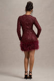 Claudia Berry Sequin High Neck Feather Hem Mini Dress With Long Sleeves