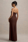 Mackenzie Brown Satin Plunge-Neck Draped Maxi Dress