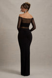 Cover Star Black Mesh Bardot Long-Sleeve Draped Maxi Dress