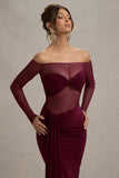 Cover Star Burgundy Mesh Bardot Long-Sleeve Draped Maxi Dress
