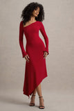 Serenita Red Asymmetric Long-Sleeve Midi Dress