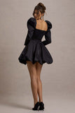 Murphy Black Satin Belted Mini Dress With Puff Sleeves