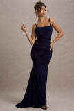 Adele Navy Backless Ruched Fishtail Cami Maxi Dress
