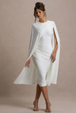 Marysol White Asymmetric Cape Midi Dress