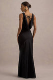 Alesso Black Satin Cowl-Neck Maxi Dress