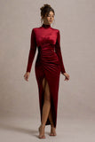 Jaz Berry Velvet High-Neck Gathered Split Maxi Dress