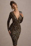 Vernazza Brown Animal Print Deep Plunge Midi Dress