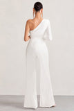 Mila White One Shoulder Ruched Wide Leg Jumpsuit