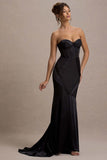 Custom Black Satin Sweetheart Corset Fishtail Maxi Dress