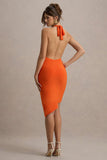 Vivia Orange Plunge-Neck Ruched Mini Dress