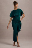 Mika Bottle Green Satin Short-Sleeve Wrap Maxi Dress