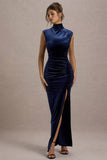Abilene Navy Velvet High-Neck Split Maxi Dress
