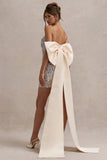 Sugar Off-White Feathered Sequin Mini Dress With Satin Bow
