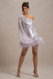 Free Soul Lilac Sequin One-Shoulder Feather Trim Mini Dress