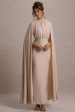 Darielle Champagne High-Neck Cape-Sleeve Maxi Dress