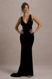 Elisabetta Black Velvet Plunge-Neck Fishtail Maxi Dress