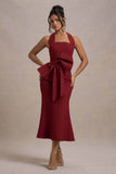 Aman Berry Halter-Neck Midi Dress With Oversized Bow