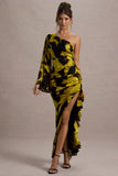 Sevilla Mustard Print Satin Jacquard One Sleeve Ruffled Split Maxi Dress