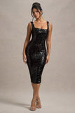Sweet Spark Black Sequin Square-Neck Midi Dress