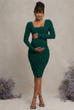 New Life Bottle Green Maternity Square Neck Ruched Midi Dress