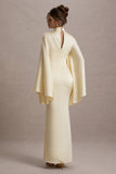 Maceline Ecru Satin High-Neck Maxi Dress With Cape Sleeves