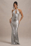 Polaris Silver Sequin Halter-Neck Cut-Out Split Maxi Dress