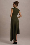Ondine Khaki Asymmetric Draped Midi Dress