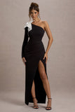 Philomena Black One-Sleeve Split Maxi Dress With White Bow