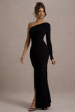 Doll Black Asymmetric One Sleeve Ruched Maxi Dress