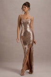 High Life Rose Gold Sequin Square Neck Split Front Maxi Dress